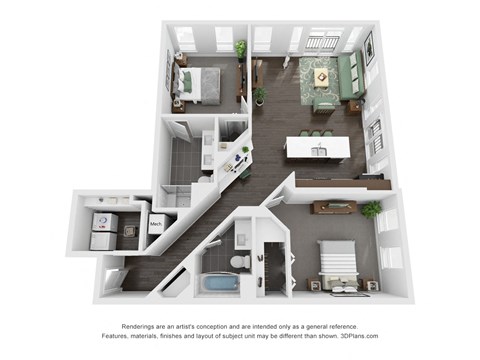 Floor plan for 2 beds, 2 baths, 1195 sqft